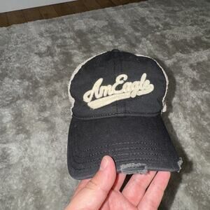 American Eagle AE Distressed Trucker Hat Black Adjustable Baseball Cap Logo